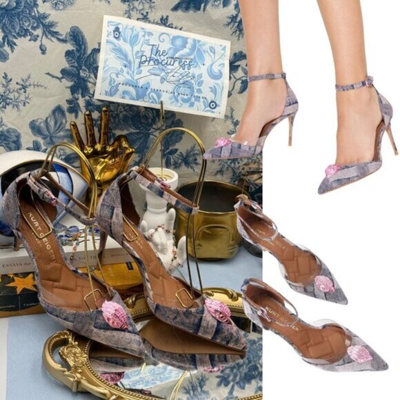 🆕 KURT GEIGER LONDON 🧿 NWOB Belgravia Pink Denim Vinyl High Heel, Sz 37 US 7 - Picture 1 of 16